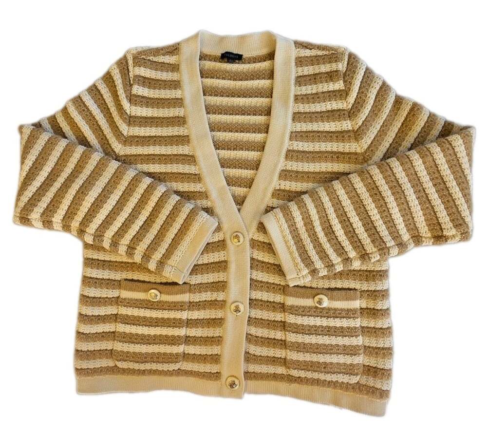 Talbots Kate Women's Large Tan And Cream Metallic Cardigan Gold Accents Classic
